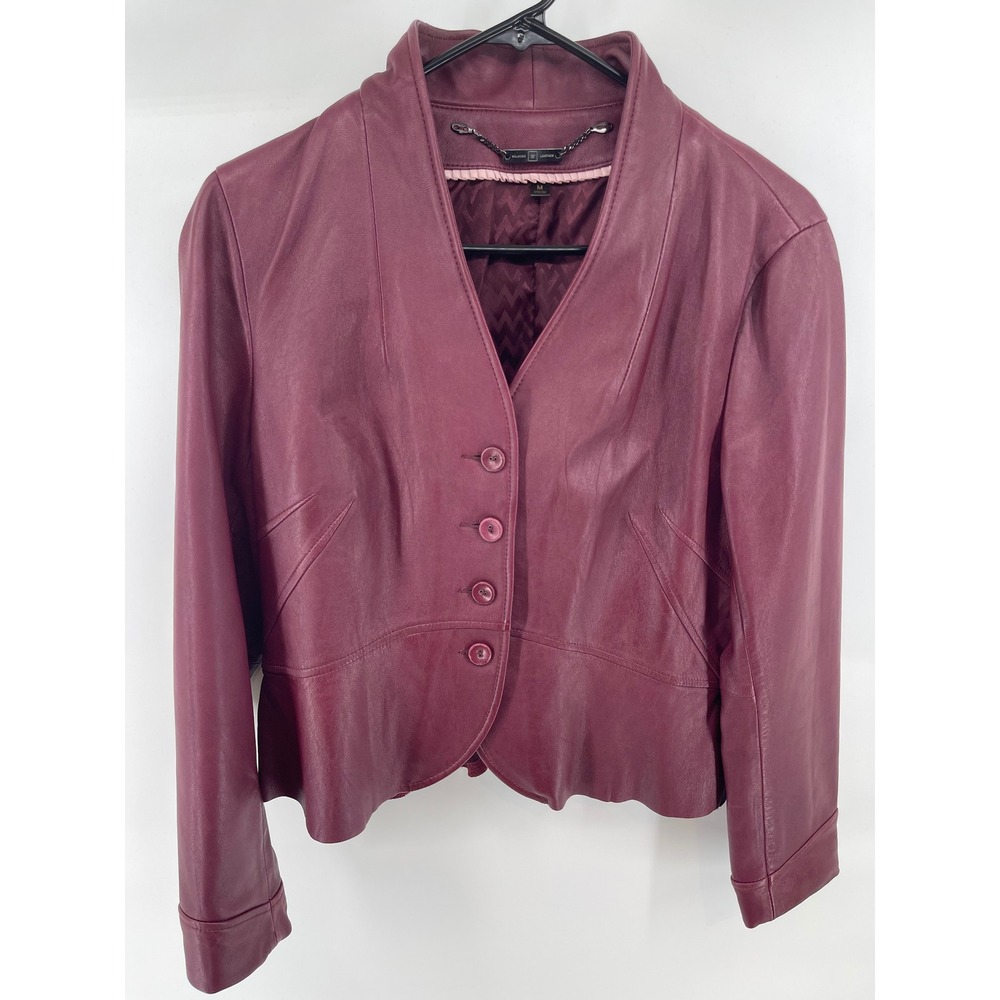 Wilsons Leather Jacket Women M Burgundy Excellent Genuine Leather Button Blazer